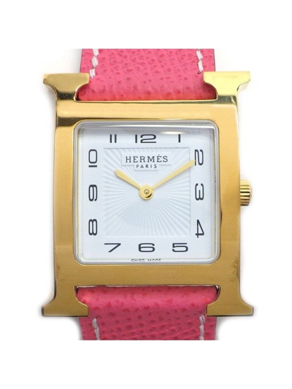 Hermes Watch H MM Pink Band Square White Dial Leather Strap SS Quartz Analog
